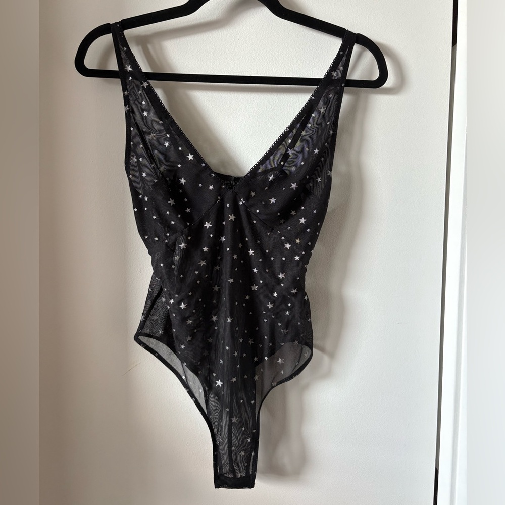 Topshop Sheer Silver Star Bodysuit